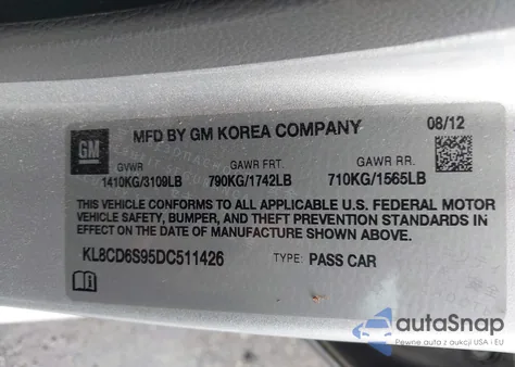 2013 Chevrolet Spark 1Lt Auto from USA, damaged, VIN KL8CD6S95DC511426